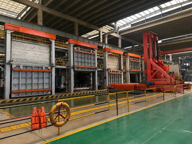 Molten steel being poured into a mould on the casting line