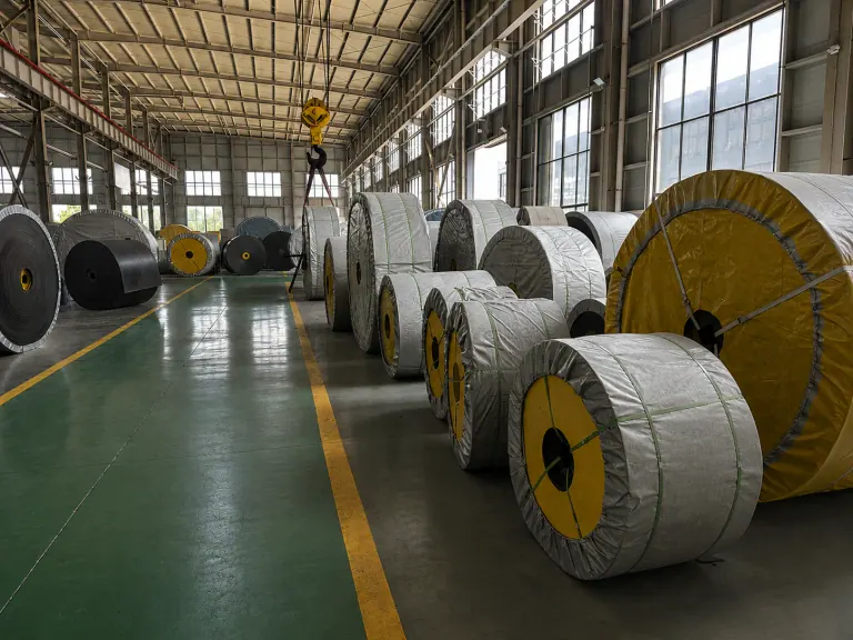 Finished conveyor belting rolled and labelled
