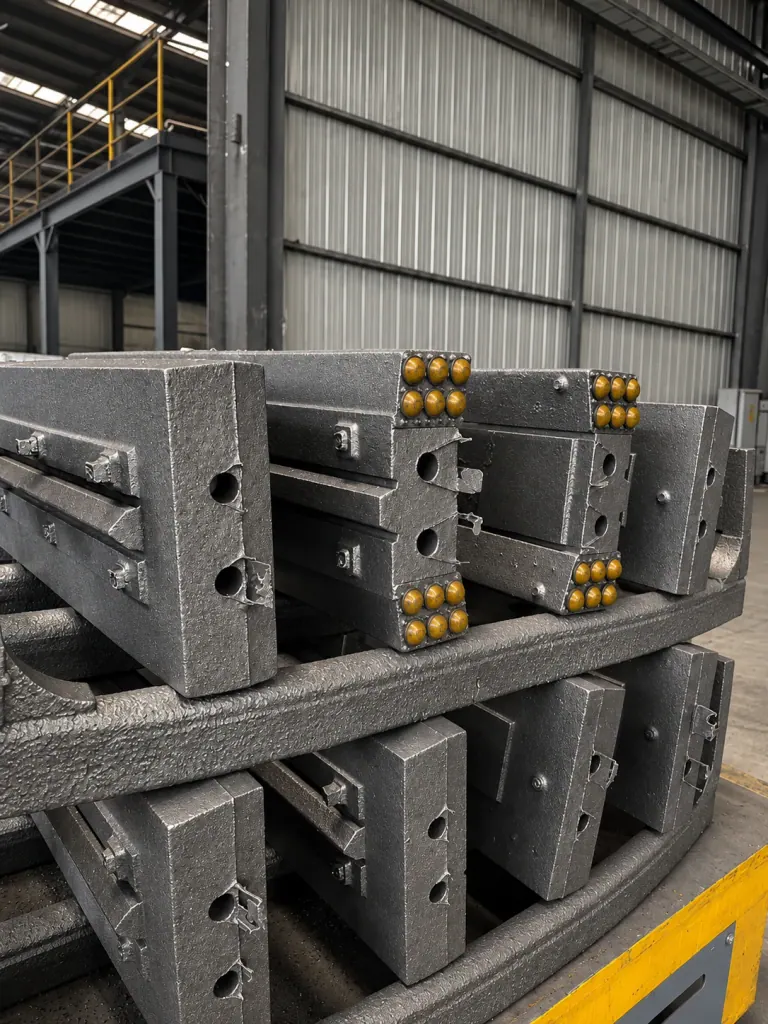 Shredder hammers with titanium carbide inserts set in the wear face, stacked for despatch