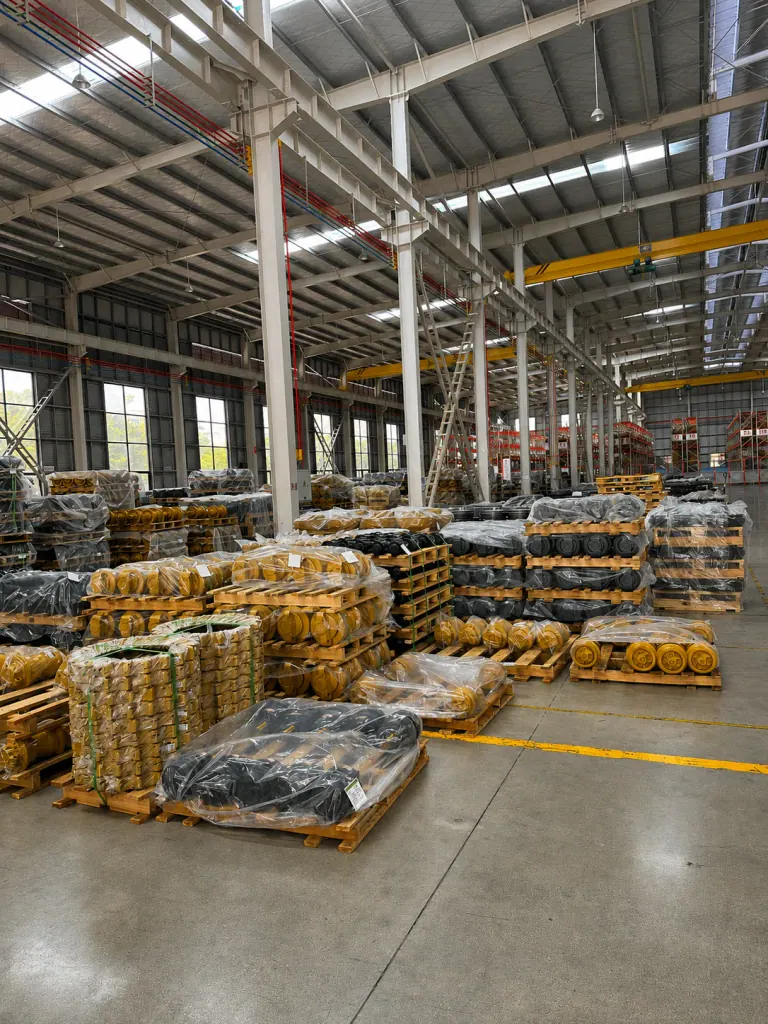 Undercarriage components racked in the warehouse