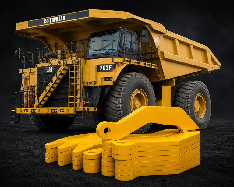 PE-UHMW rock ejector mounted between haul-truck dual tires