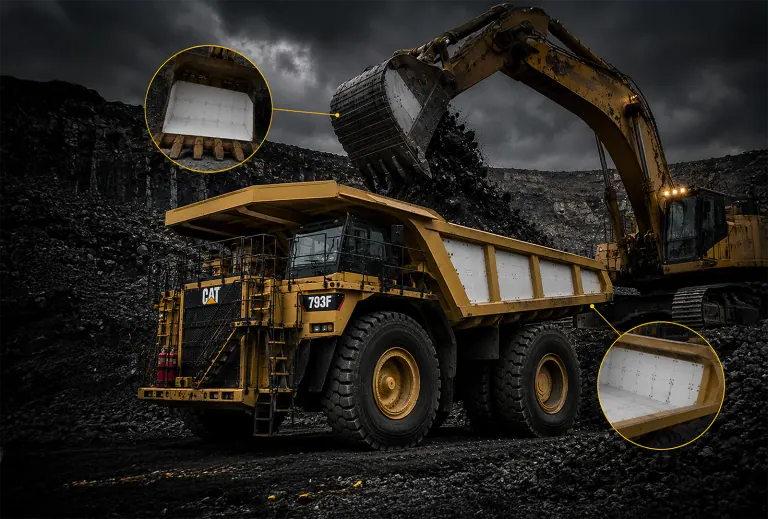 PE-UHMW liners installed in a haul-truck body and excavator bucket
